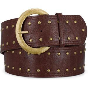 Wide Chunky Studded Brown Leather Vintage Style Waist Belt with Brass Buckle